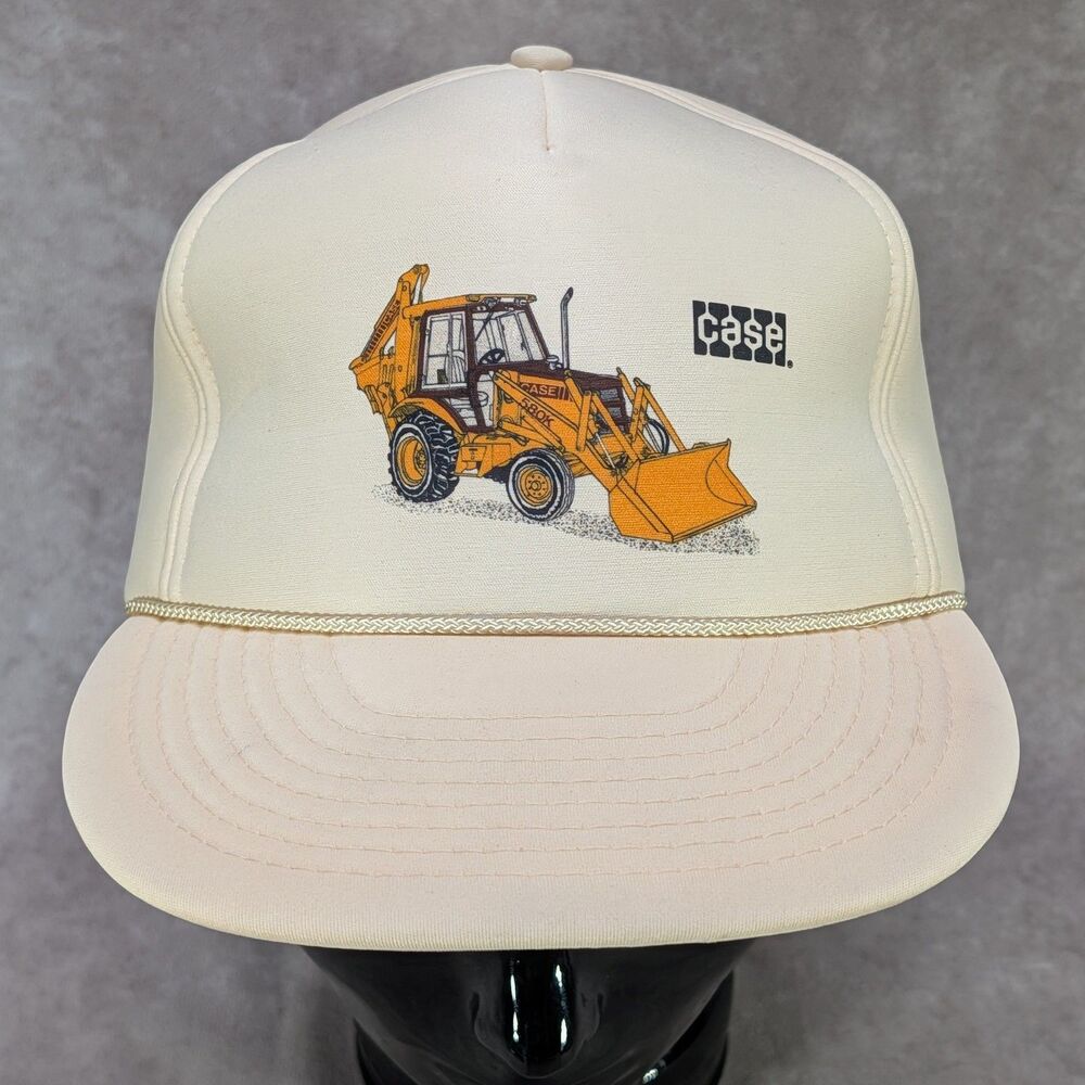 Vintage Case 580K Backhoe Loader Trucker Hat Snapback Cream Nissin Cap 80s